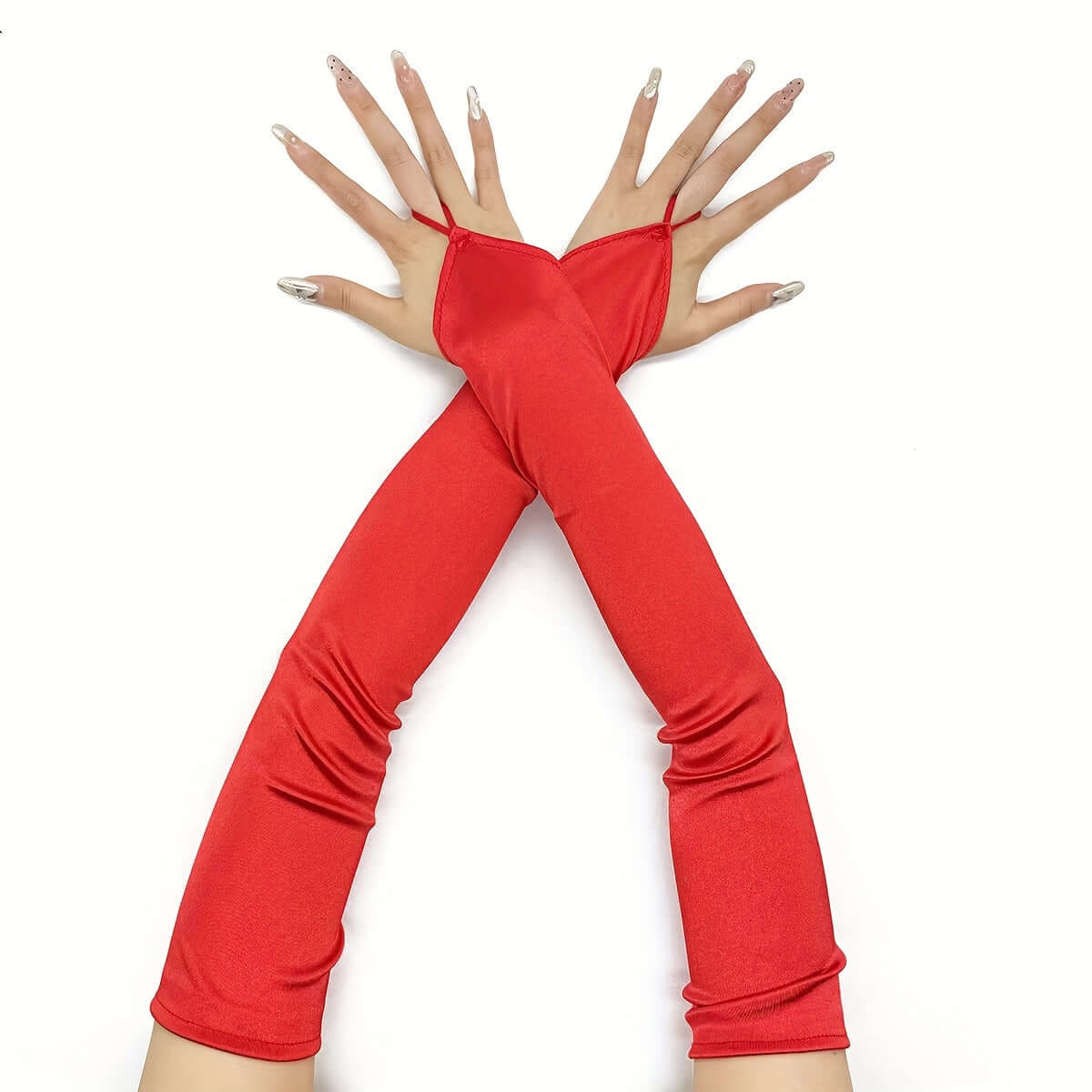 Red fingerless satin gloves for cosplay and rave, showcasing elegant design and stretch fit for comfort and style.