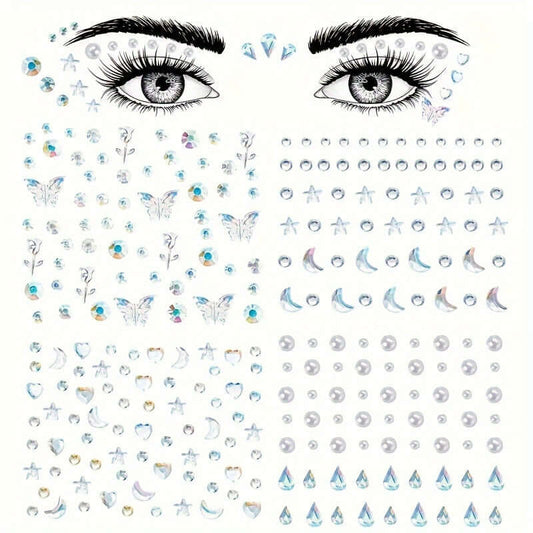 Bohemian rhinestone face stickers with stars, moons, and butterflies for festivals. Crystal body gems sheet with unique boho designs.