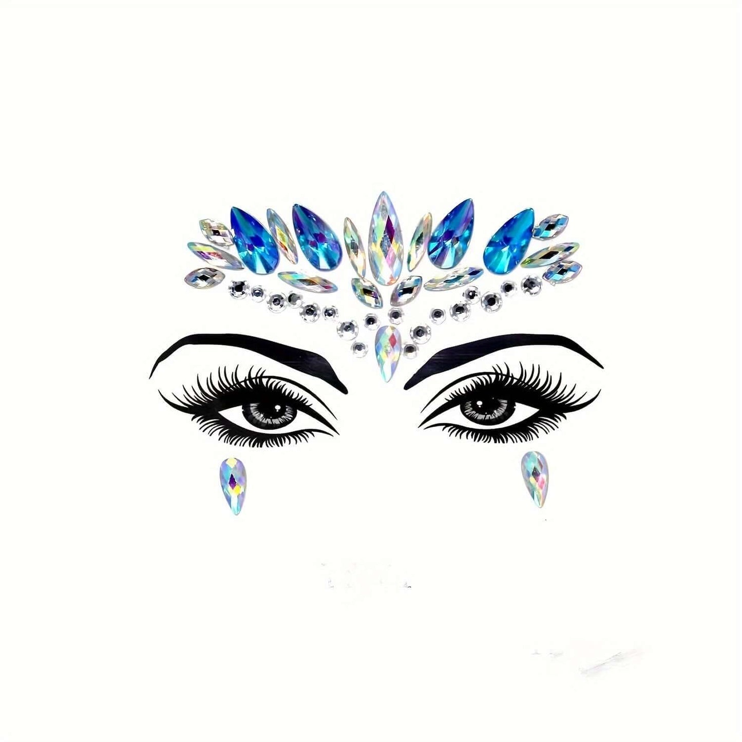 3D crystal tattoo face stickers with blue and silver gems, ideal for masquerade parties and makeup enhancement.