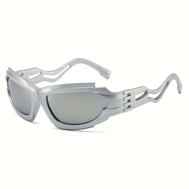 Silver Y2K steampunk glasses with decorative lenses and unique temples, ideal for rave parties and stage performances.