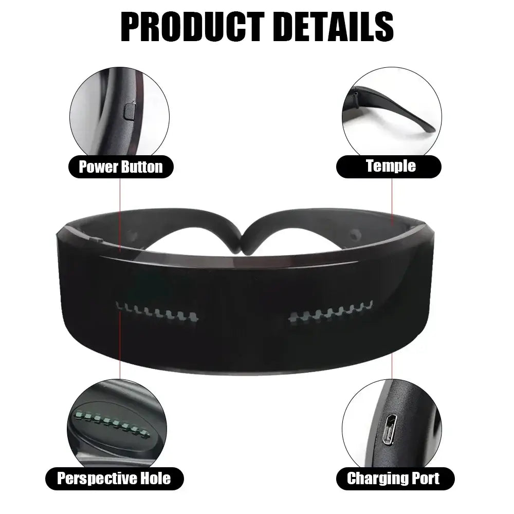 Detailed view of Bluetooth LED futuristic glow glasses showcasing power button, temple, perspective hole, and charging port.