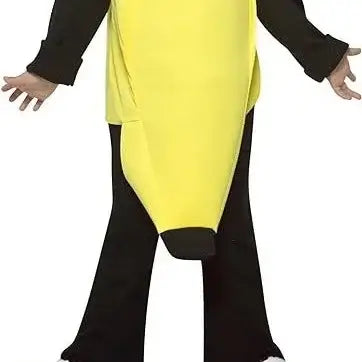 Adult in funny banana costume, perfect for festivals and parties, featuring a unisex design and comfortable polyester material.