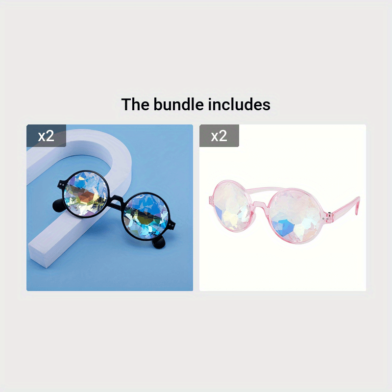 Bundle includes 2 pairs of black and pink kaleidoscope prism glasses with vibrant lenses, perfect for festivals and parties.