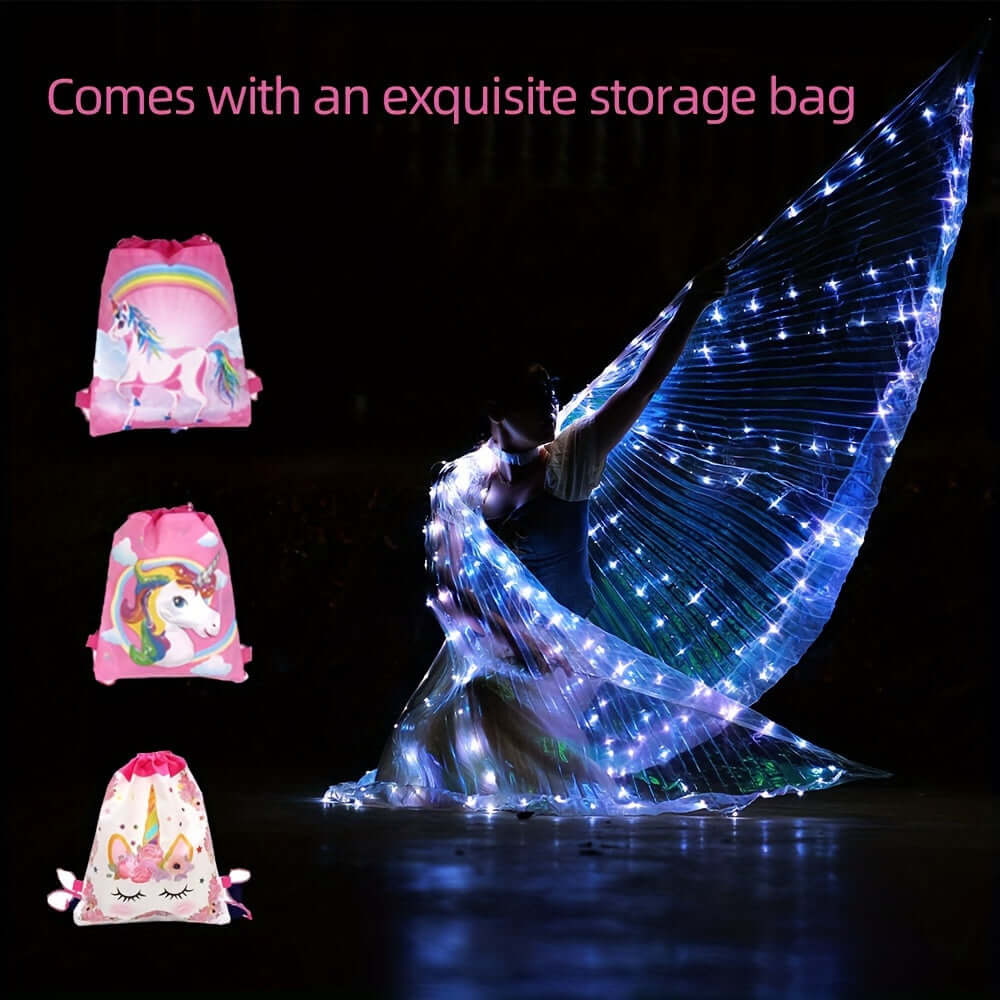 LED butterfly wings with bright lights for dance performances, shown with unicorn-themed storage bags for easy transport.