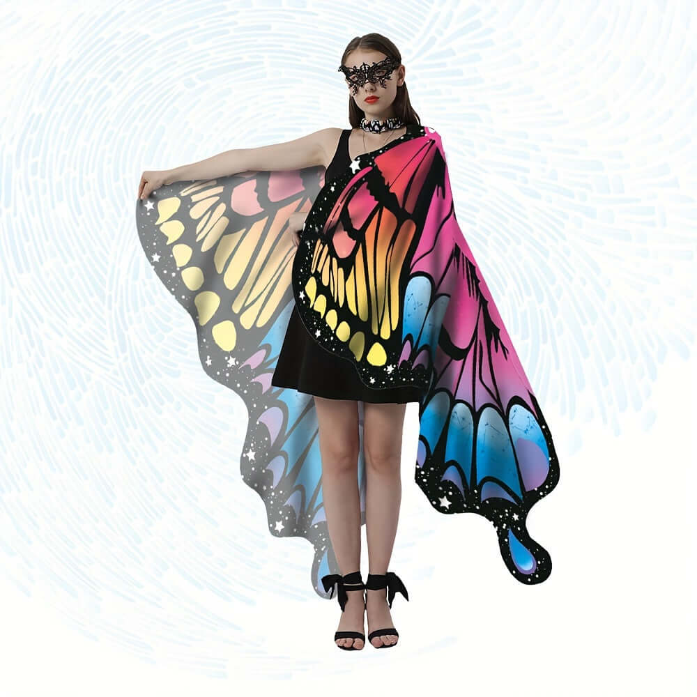 Vibrant butterfly wings shawl in 6 colors for festival and party wear, featuring fairy pixie cape design with adjustable straps.