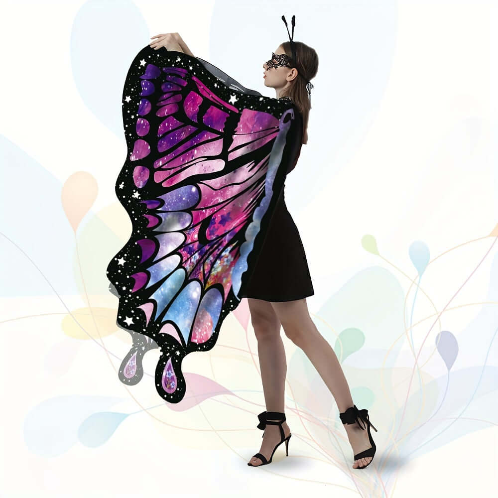 Woman wearing vibrant butterfly wings shawl in pink and purple, ideal for fairy or pixie costumes, perfect for festivals or parties.