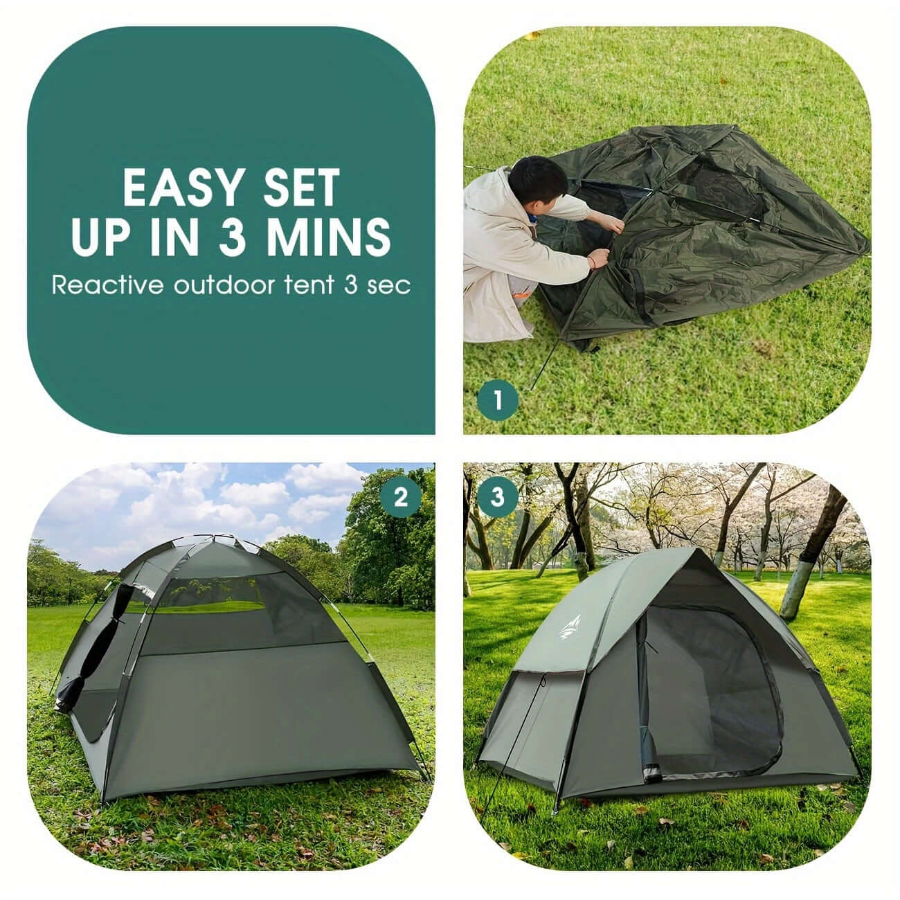 Dome camping tent easy setup process in 3 minutes with removable rainfly, shown in three steps on grassy field.