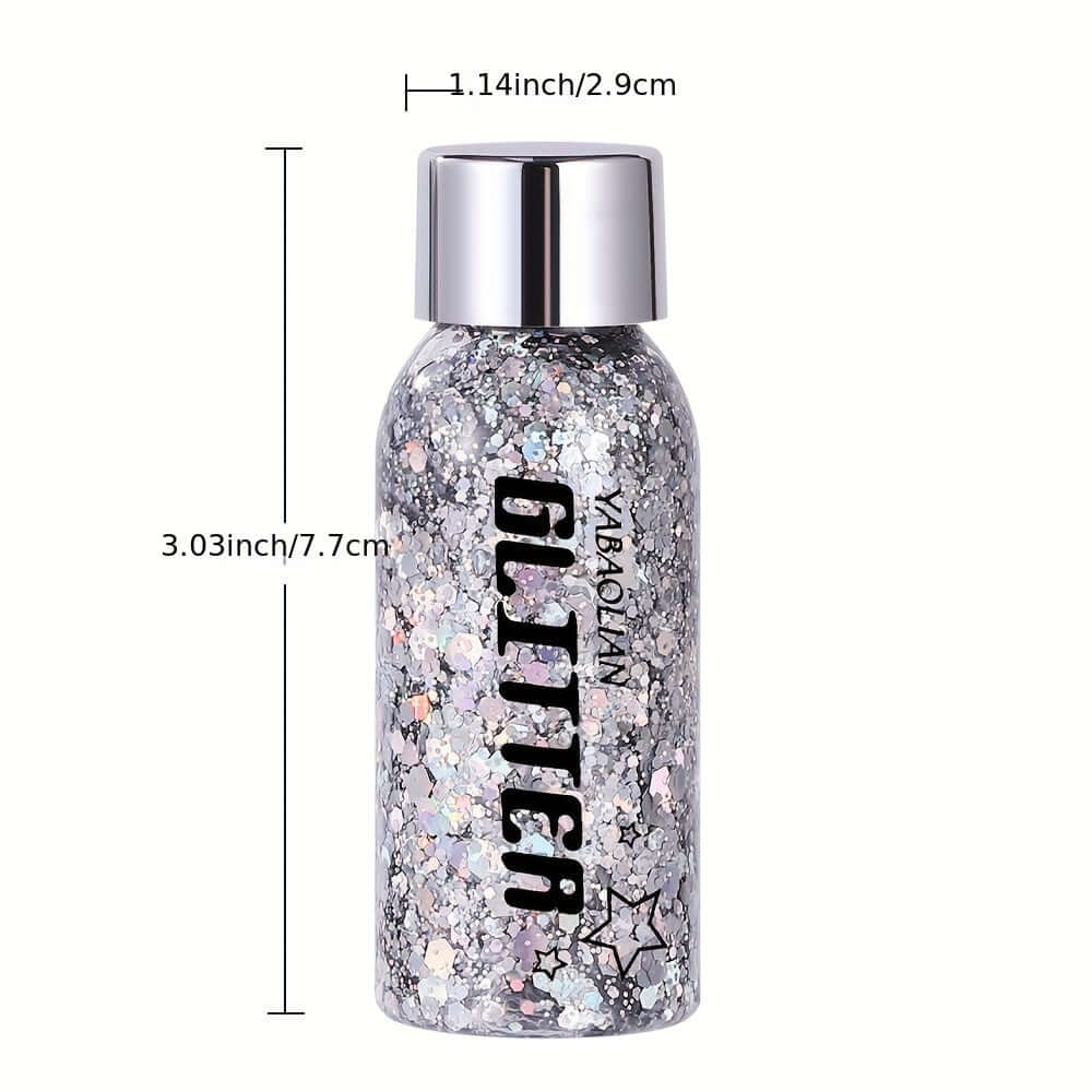 Silver mermaid sequin glitter gel bottle for face, body, and hair makeup, ideal for festivals and parties.