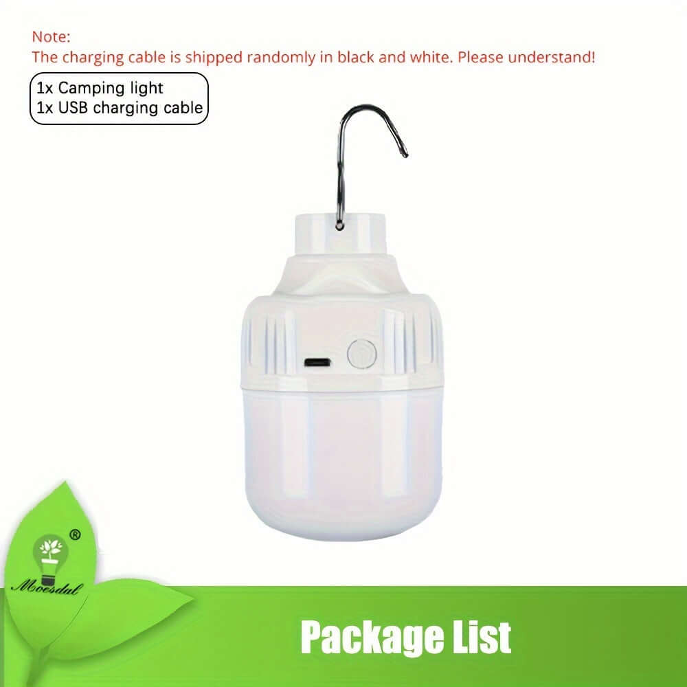 Moesdal USB Rechargeable LED Camping Lantern with hook and charging cable, durable and portable for outdoor use.