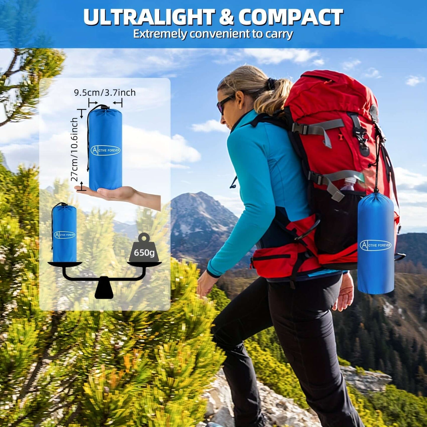 Woman hiking with ultralight inflatable camping mat attached to backpack, showcasing compact and portable design for outdoor adventures.