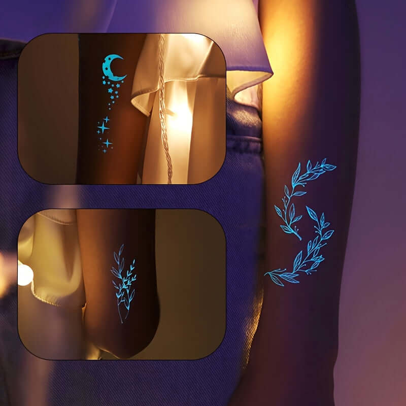 Glow-in-the-dark moon, star, and leaf tattoos on skin, ideal for parties, festivals, or as unique gifts and decor.