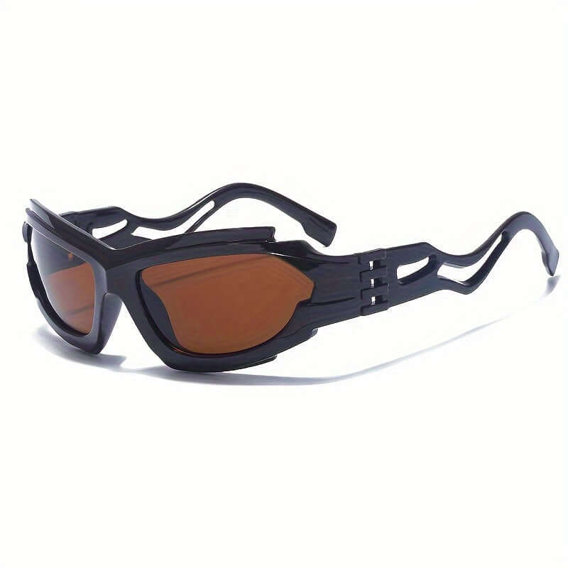 Black Y2K steampunk fashion glasses with decorative AC lenses and unique designed temples, ideal for rave parties and stage accessories.