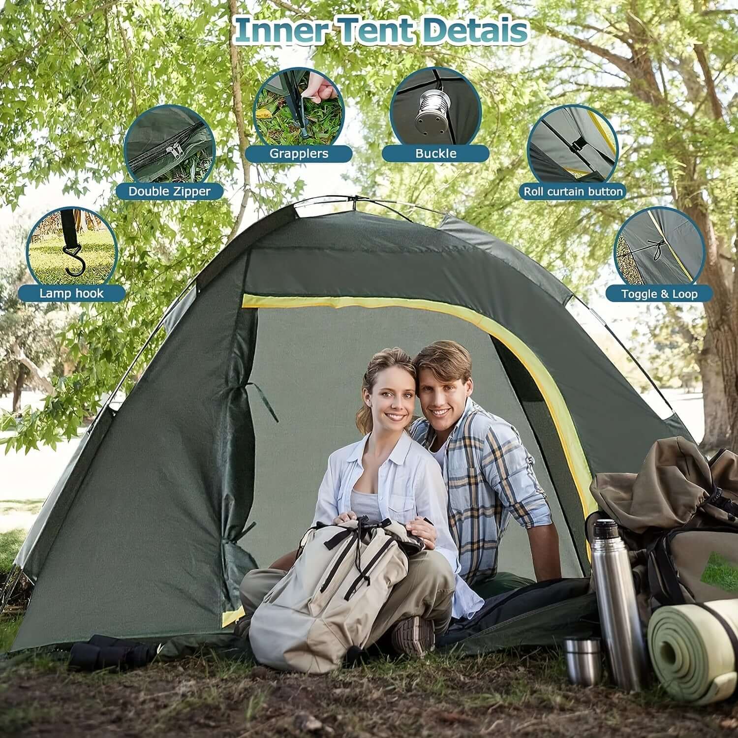 Couple enjoying camping in dome tent with removable rainfly, featuring easy setup and lightweight design, perfect for 2-3 people.