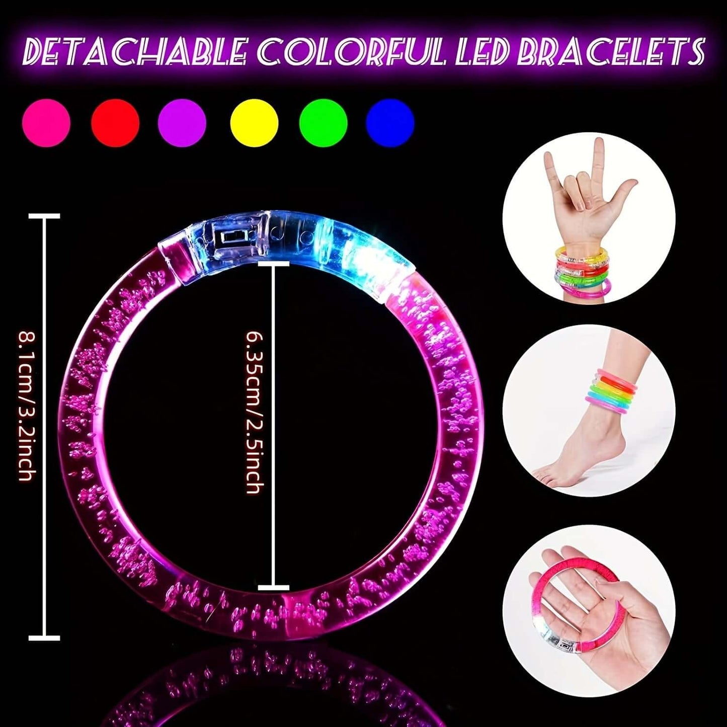 Colorful LED glow bracelets in various styles and colors, ideal for parties, birthdays, and festive events, shown in different wear options.