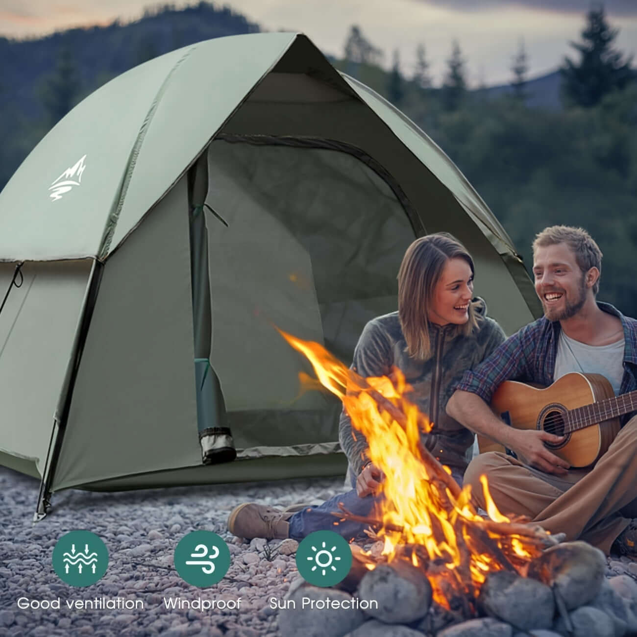 Dome camping tent with removable rainfly, set up near a campfire with two people, showcasing lightweight and easy setup features.