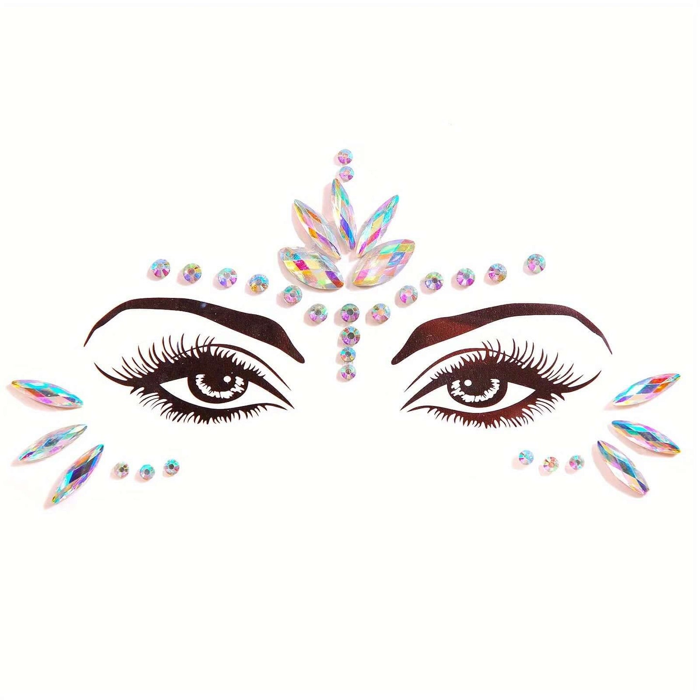 3D crystal tattoo face stickers with diamond effect for parties and masquerades, featuring sparkling gems around eyes.