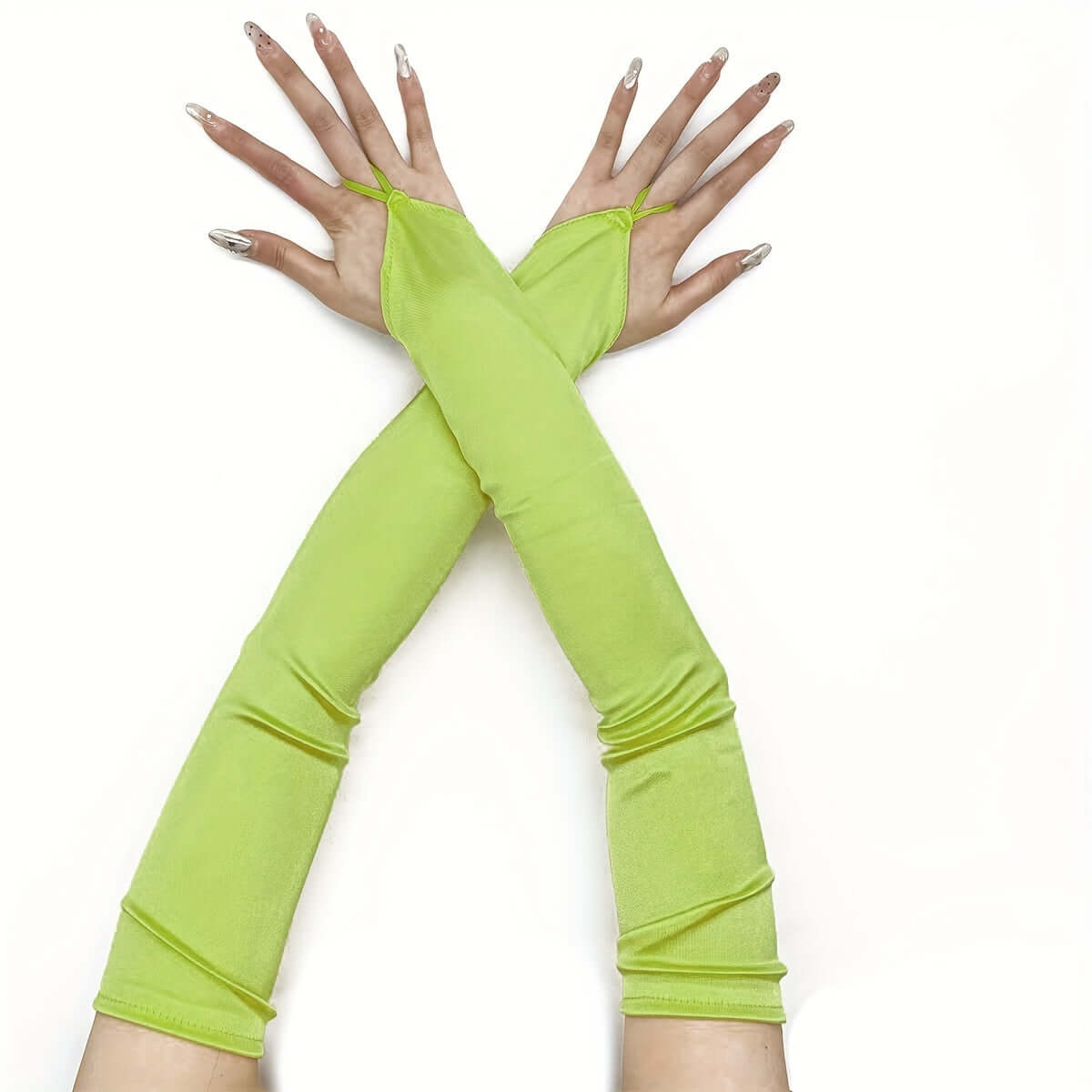 Lime green fingerless satin gloves enhancing elegant hands, perfect for cosplay and rave events, highlighting style and comfort.