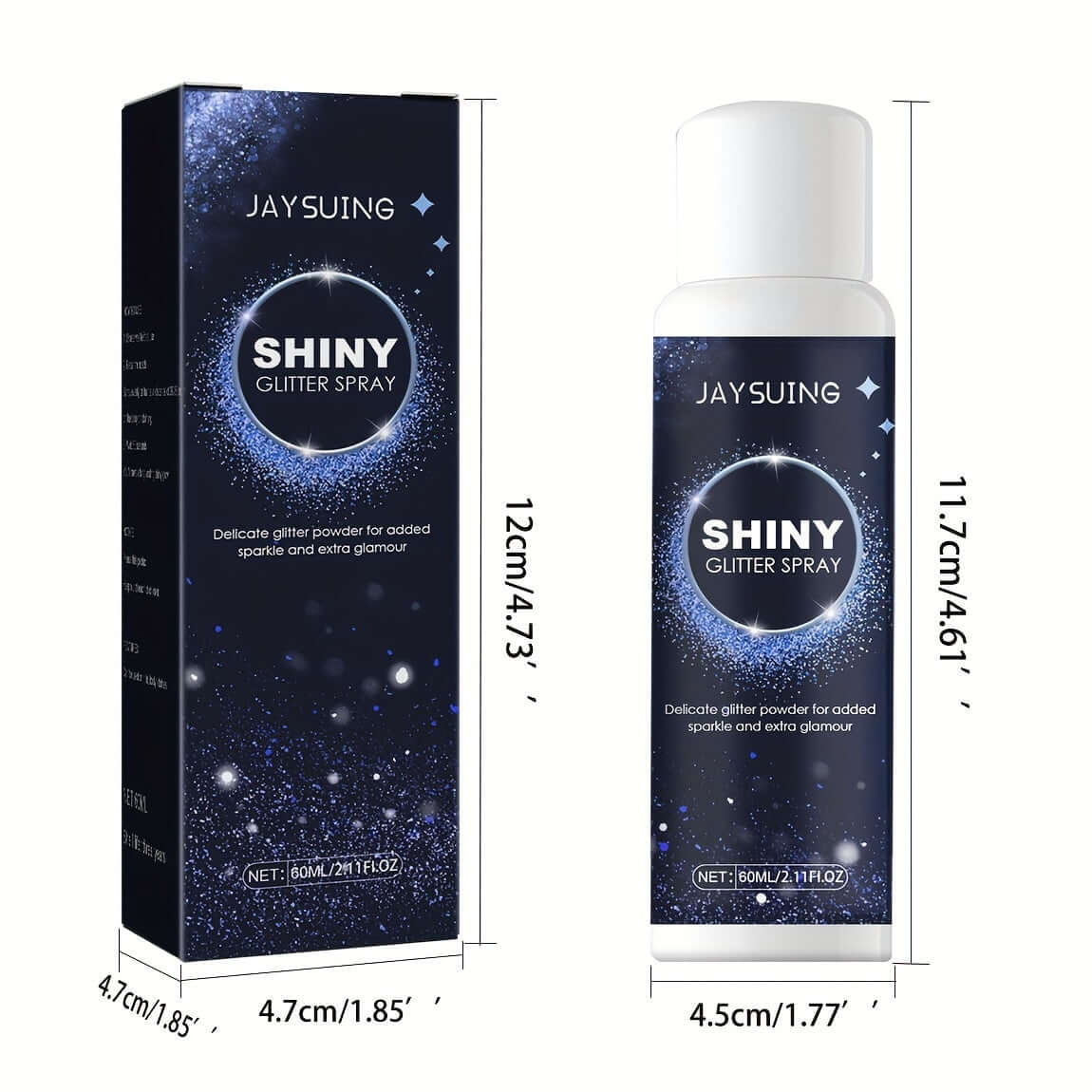 Shiny Glitter Spray bottle and packaging with dimensions for sparkle and glamour effect.