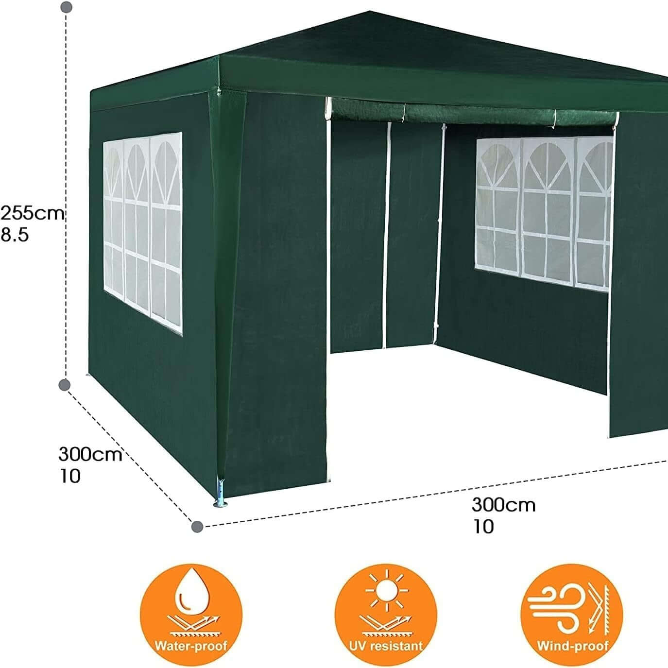 Sturdy 3x3M waterproof event gazebo with side panels, rustproof steel frame, PE fabric, ideal for parties and outdoor events.