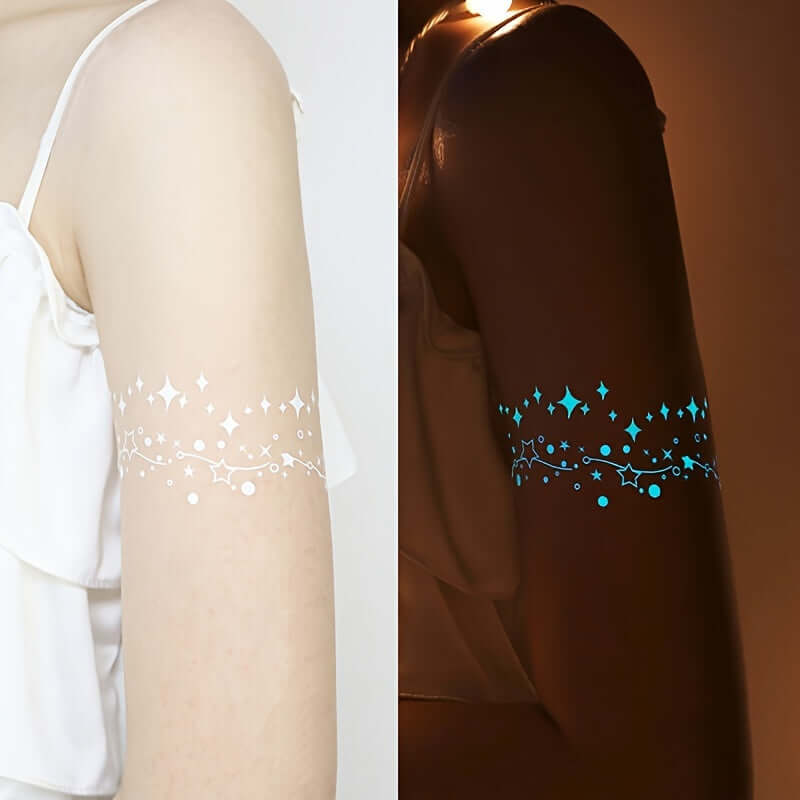 Glow-in-the-dark moon and star tattoo on arm, shown in daylight and glowing at night, perfect for festivals and parties.