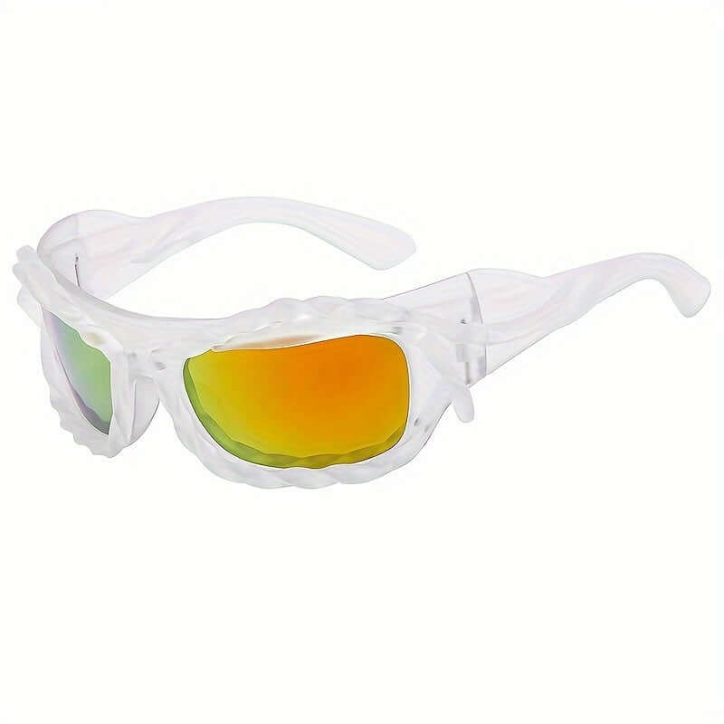 Y2K wrap-around punk sunglasses with mirrored gradient lenses and durable plastic frame, perfect for rave parties and outdoor activities.