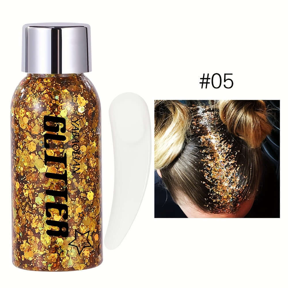 Mermaid sequins body glitter gel in gold, shown with hair application for festival makeup.