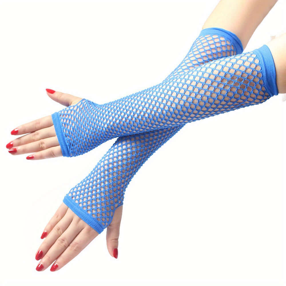 Blue fingerless mesh fishnet lace gloves for raves and festivals, stylish and comfortable fit for cosplay and themed events.