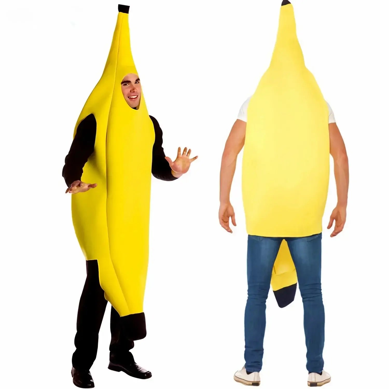 Adult unisex funny banana costume for parties and festivals, featuring easy-to-wear jumpsuit design with freedom of movement.