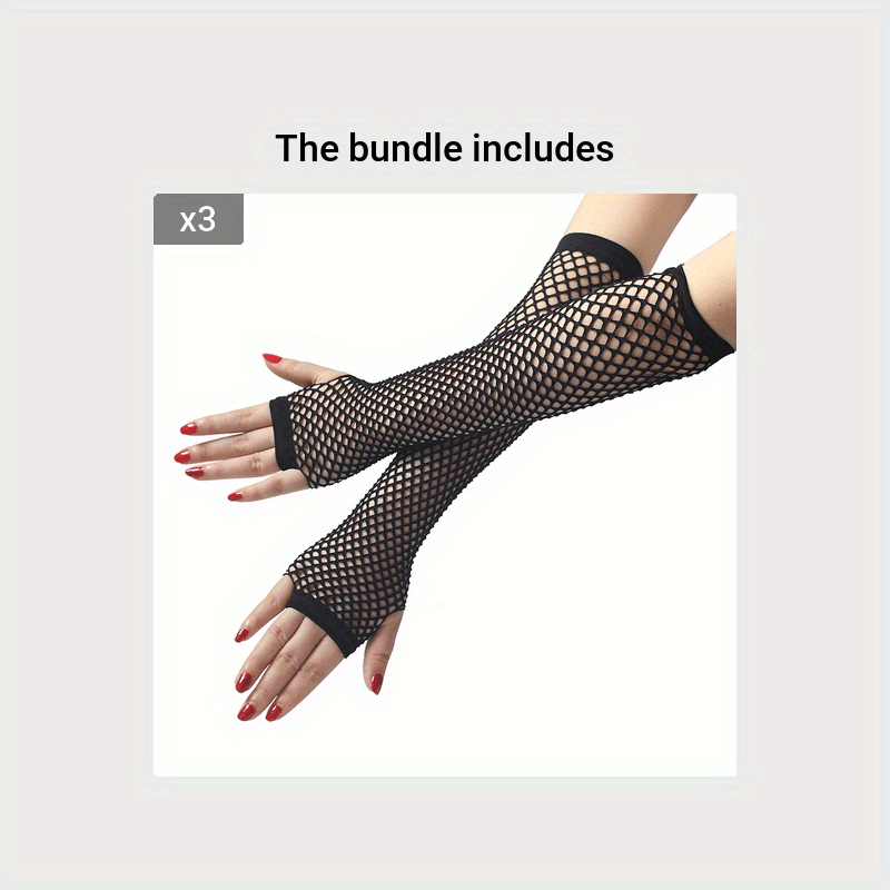 Fingerless black mesh lace gloves in a bundle of three, perfect for raves and festivals.