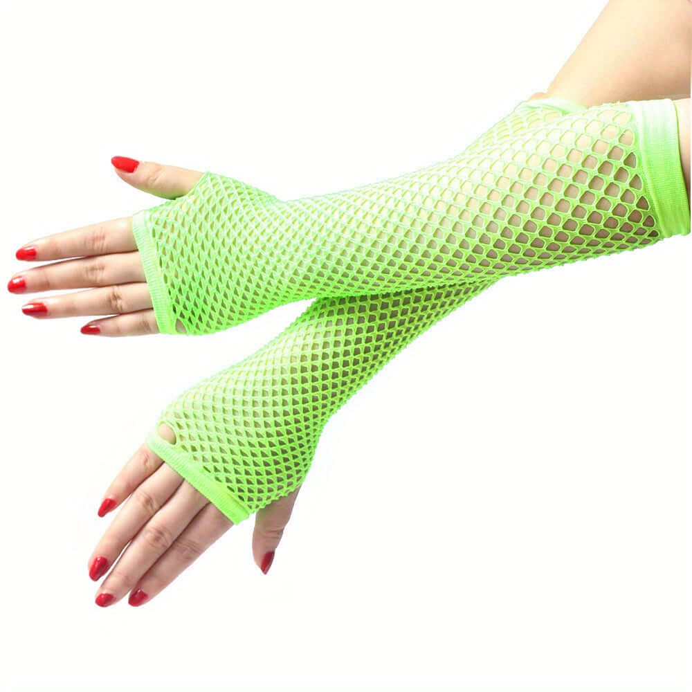 Neon green fingerless mesh fishnet lace gloves, perfect for rave parties and cosplay, showcasing stylish and trendy design.