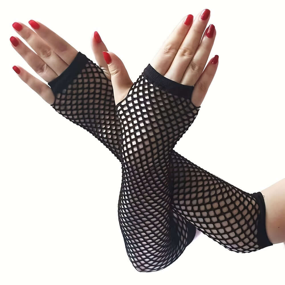 Black fingerless mesh fishnet lace gloves, perfect for raves, festivals, and cosplay events. Stylish and comfortable design.