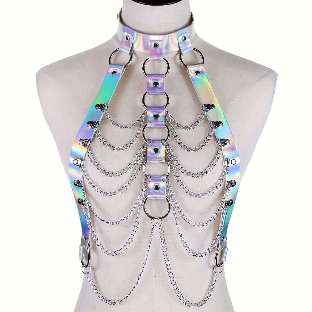 Laser PU leather harness with multilayer chains for music festivals and parties, available in various colors.