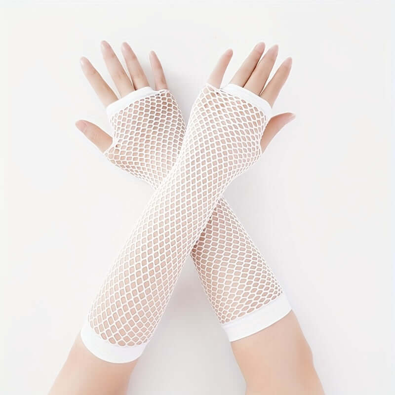 White fingerless mesh fishnet lace gloves, perfect for raves and festivals, showcasing trendy and edgy design with comfortable fit.