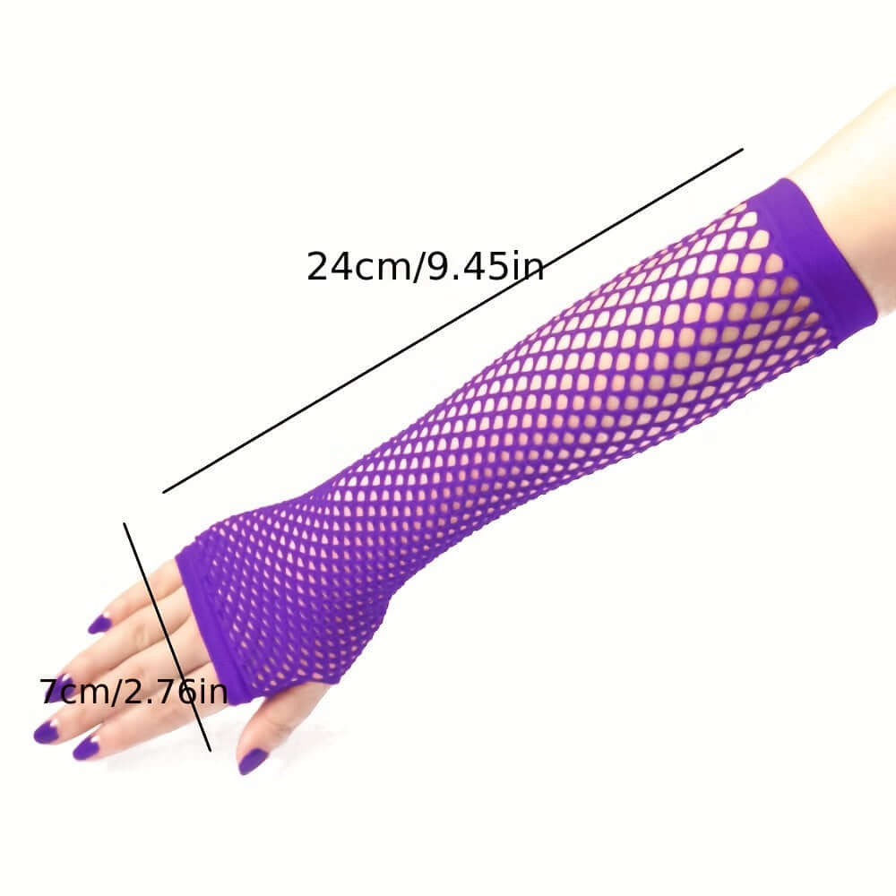 Purple fingerless mesh fishnet lace glove, 24cm long, perfect for raves, festivals, and cosplay events.