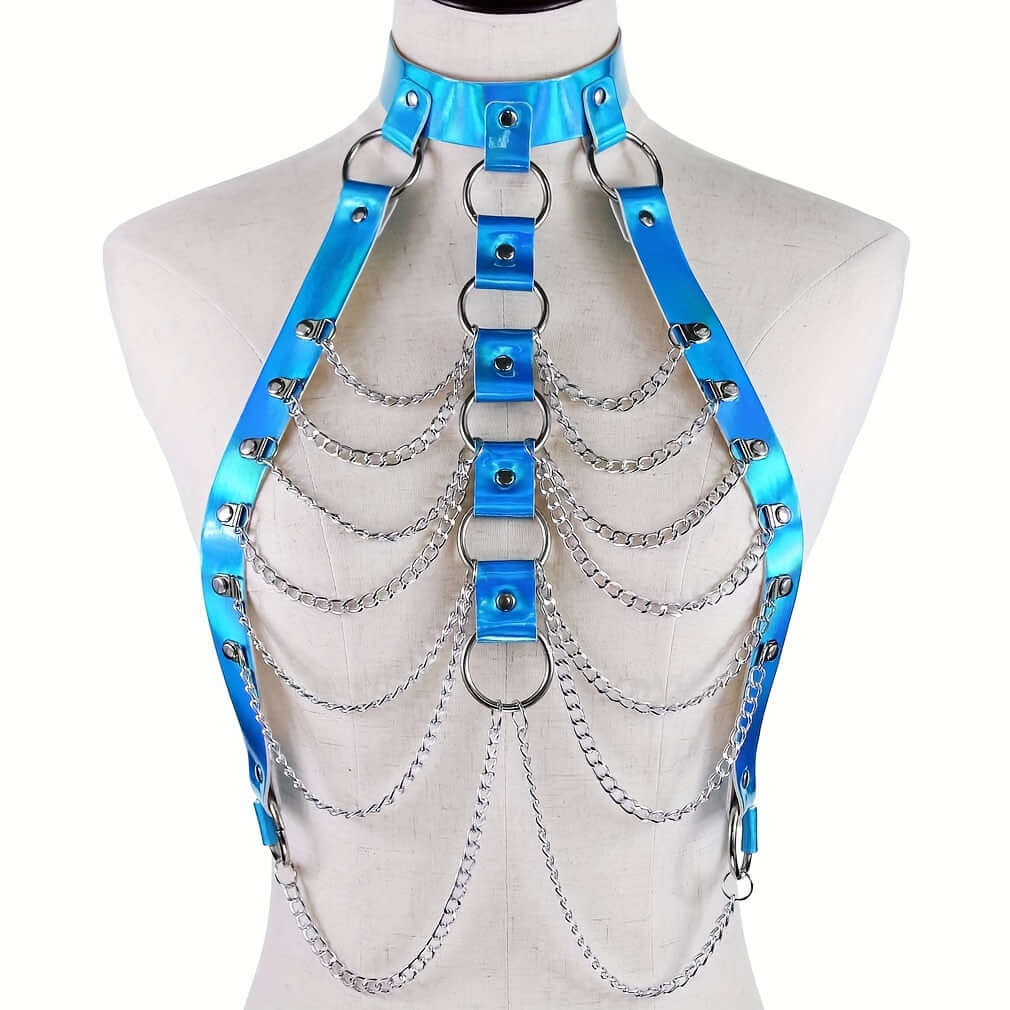 Blue laser PU leather harness with multilayer chains, perfect for music festivals and parties, adds edge to any outfit.