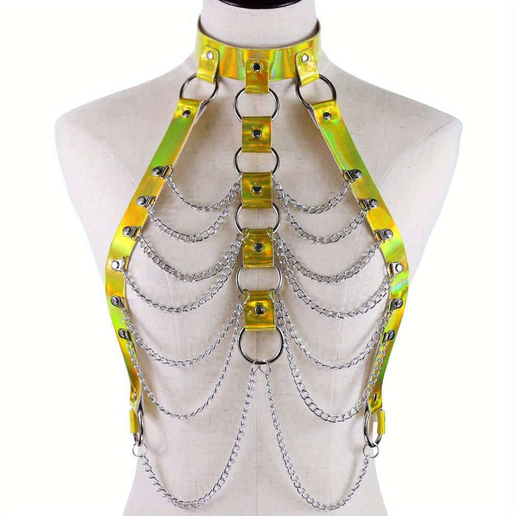 Laser PU leather harness with multilayer chains on mannequin, perfect for music festivals and parties, available in vibrant colors.