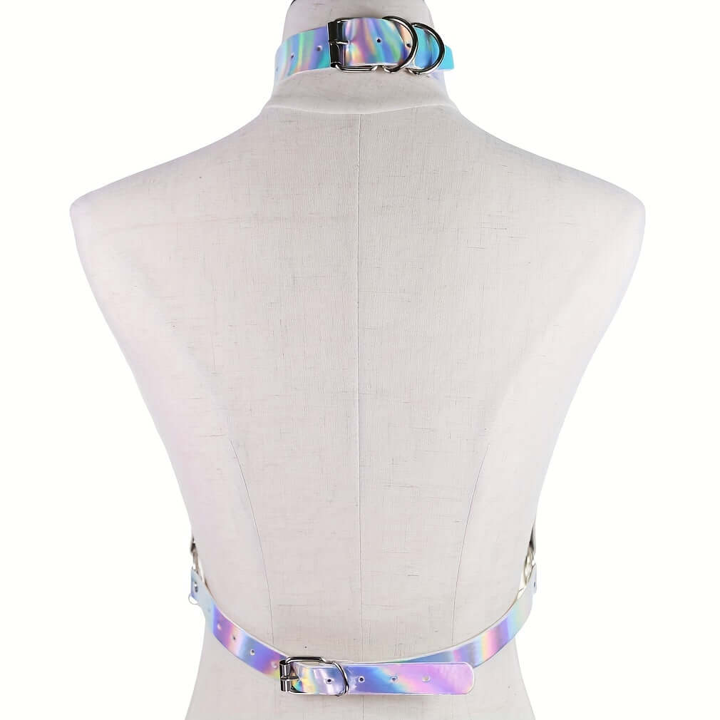 Holographic laser PU leather harness with adjustable buckles, perfect for rave and party outfits, displayed on a mannequin.