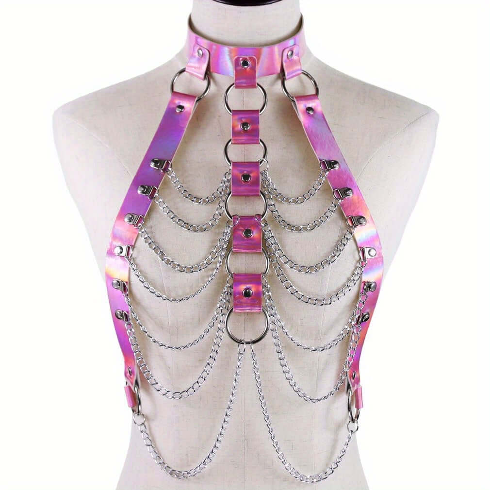 Laser PU leather harness with multilayer chains, perfect for hardtrance and parties, available in vibrant pink color.