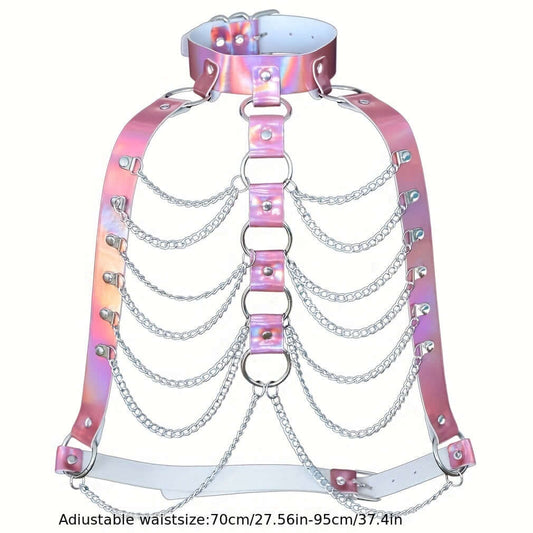 Colorful laser PU leather harness with multilayer chains, perfect for festivals, raves, and parties. Adjustable waist size.