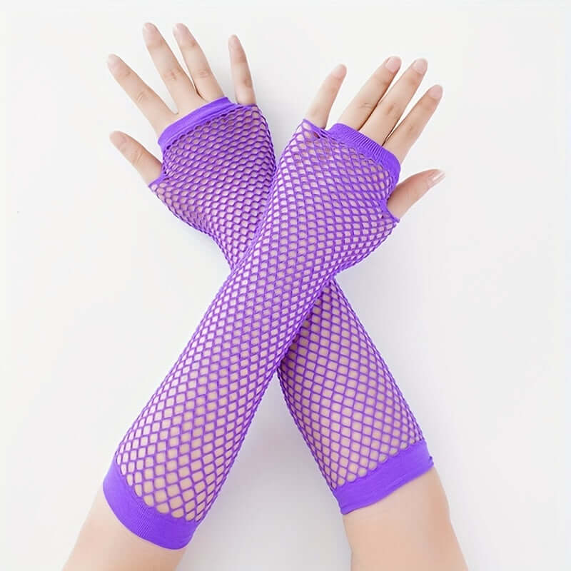 Purple fingerless mesh fishnet lace gloves for festivals, perfect for edgy and elegant outfits, ideal for raves and cosplay events.