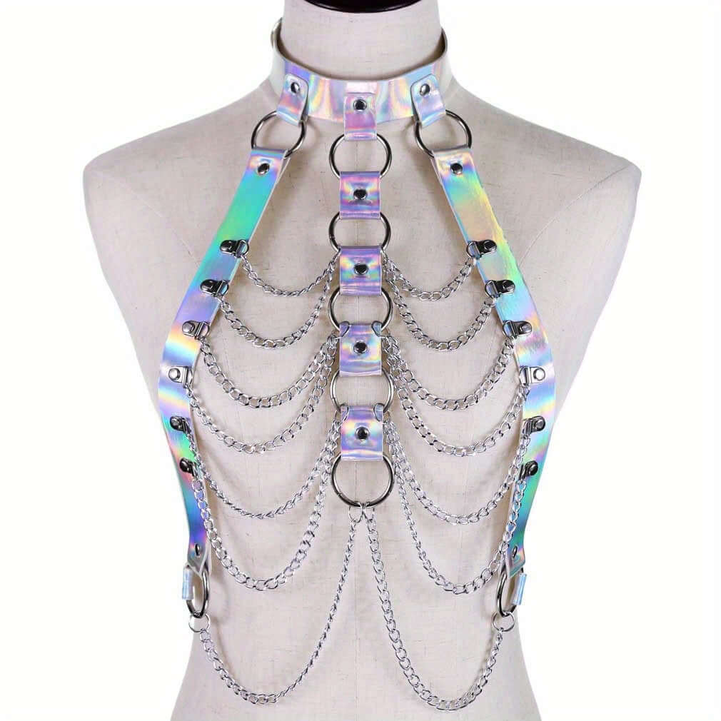 Laser PU leather body harness with multilayer chains, perfect for hard techno festivals and parties, displayed on mannequin.