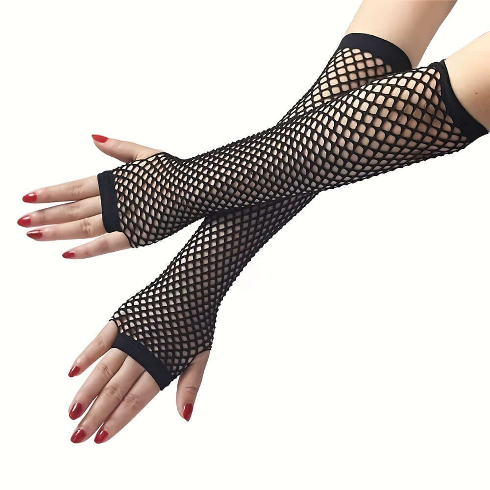 Black fingerless mesh fishnet lace gloves, perfect for rave and festival outfits, offering edgy style and comfort.