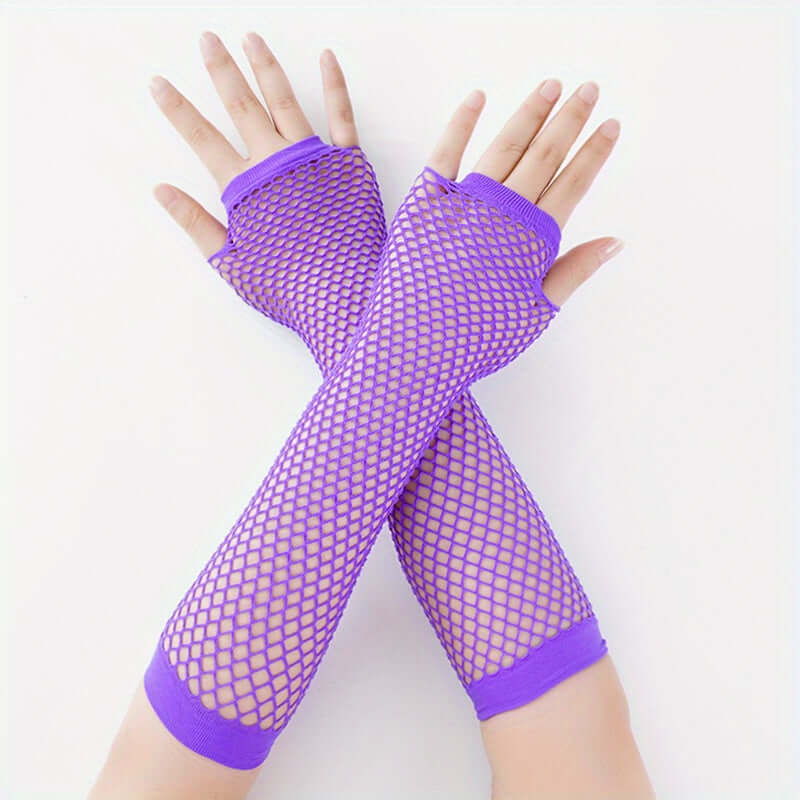 Purple fingerless mesh fishnet lace gloves, perfect for raves and festivals. Trendy and stylish design with comfortable fit for dancing.