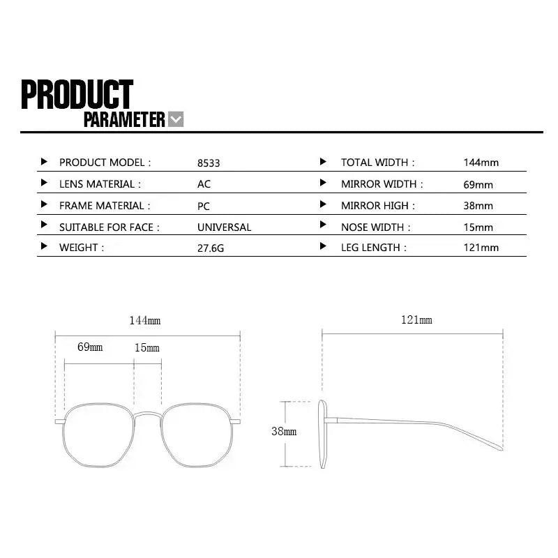 Technical drawing of Vintage Y2K Punk sunglasses with specifications like frame width, lens material, and dimensions.