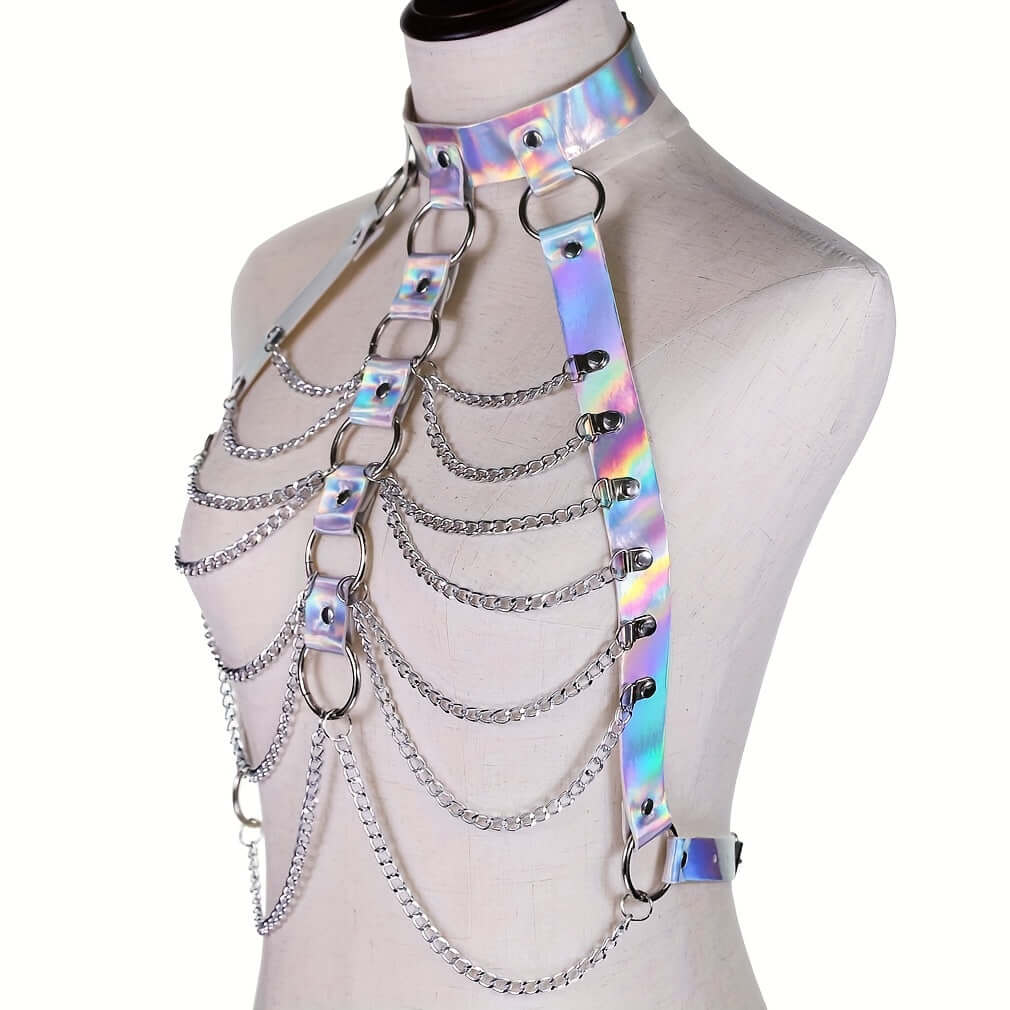 Laser PU leather harness body chain in holographic colors for festivals and parties, featuring multilayer chains on a mannequin.